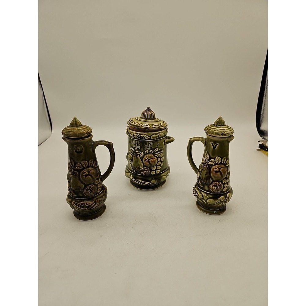 Vintage Tilso Instant Coffee Green Glaze Ceramic Canister Japan Oil & Vinegar